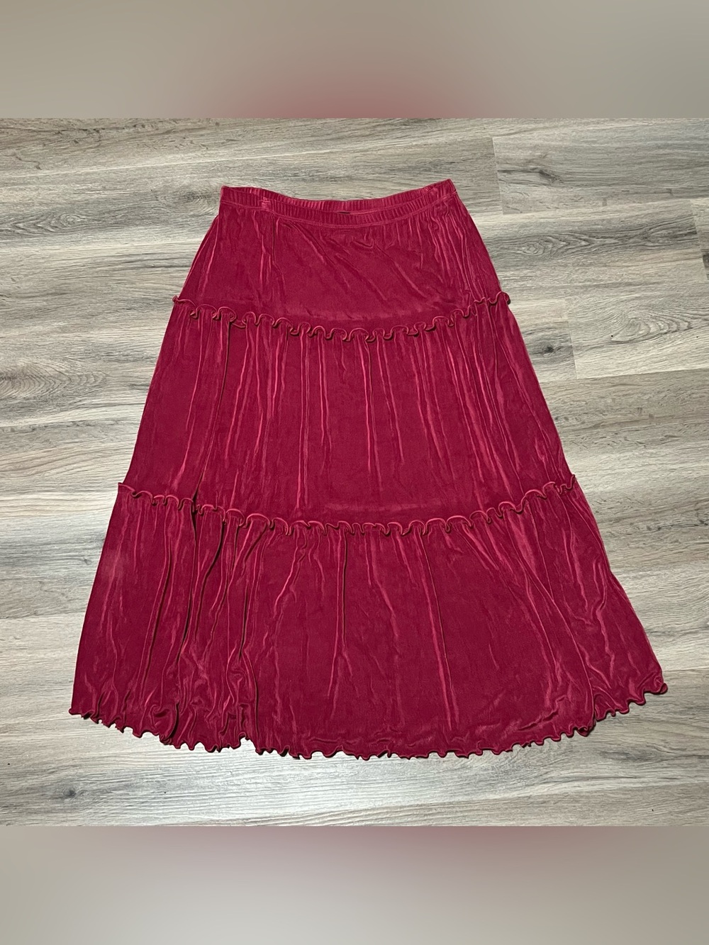 Citiknits Large Maxi Skirt Solid Red Stretch Slinky Knit Ruffle Elastic Waist